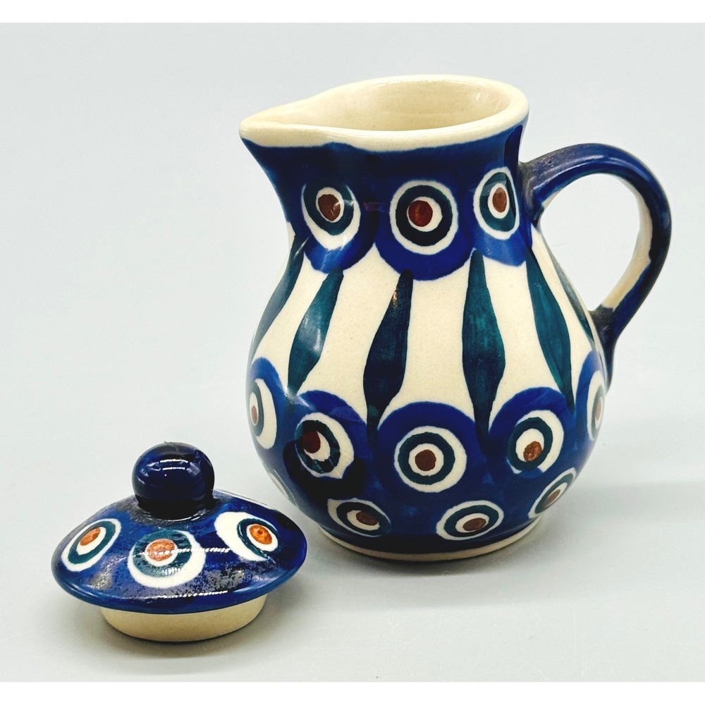 Polish Pottery Creamer Pitcher Blue Peacock Eye Pattern Stoneware